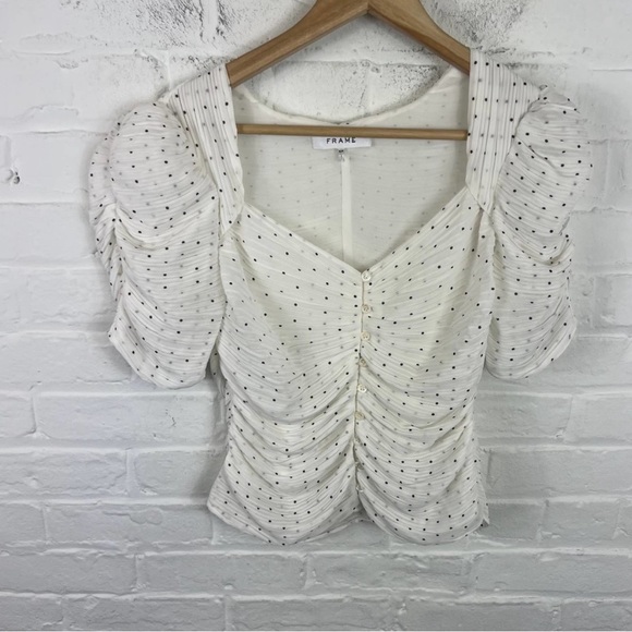 Frame Women's Polka Dot Gathered Button Front Blouse Top White Black Size SP - Picture 3 of 3